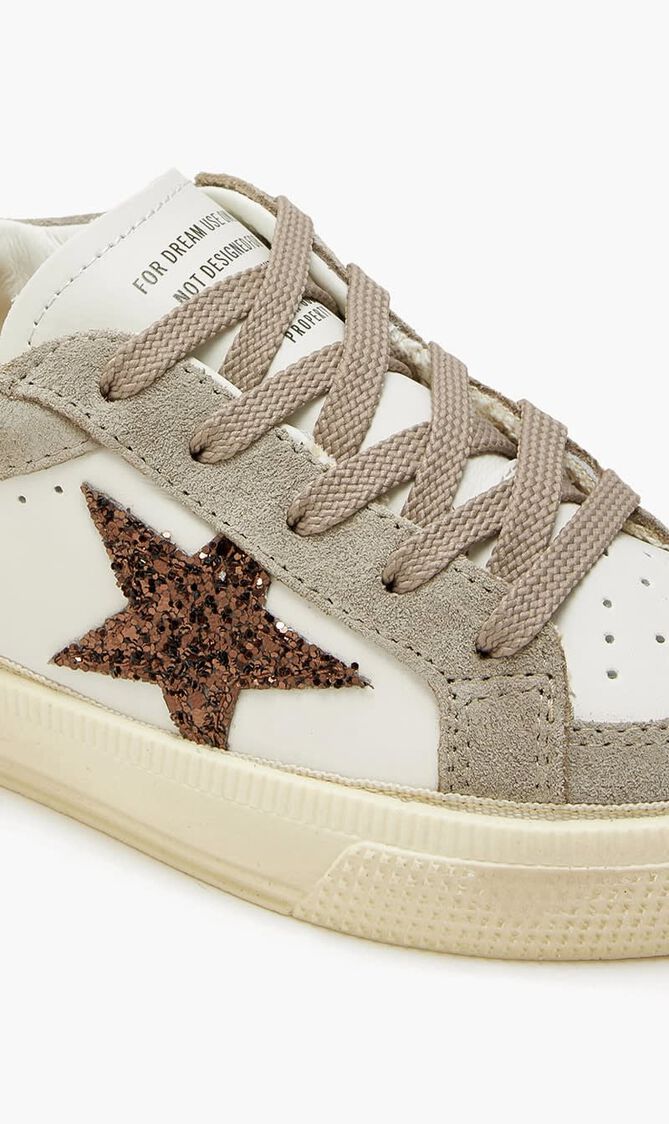 MAY LEATHER UPPER VAMP AND TONGUE SUEDE QUARTER AND TOE GLITTER STAR LAMINATED HEEL