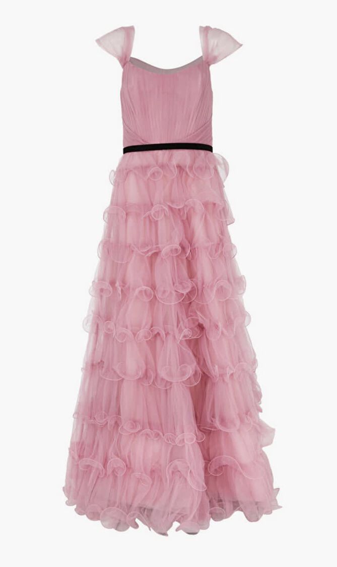 N59G3085-OFF SHOULDER TULLE GOWN WITH FISH WIRE TIERS