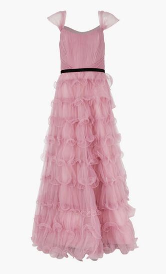 N59G3085-OFF SHOULDER TULLE GOWN WITH FISH WIRE TIERS