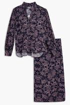 DARK BLUE FUNNEL NECK TOP WITH LIGHT PURPLE MOTIF AND LONG PUFFED SLEEVES