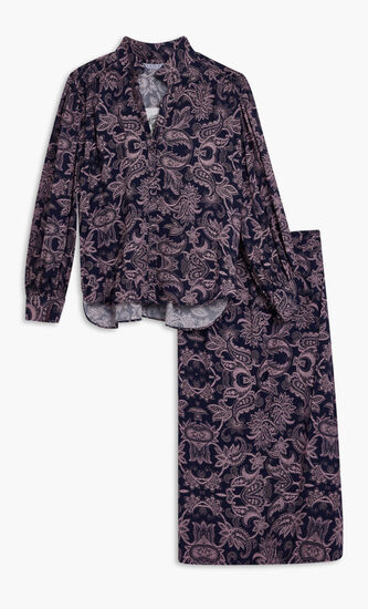 DARK BLUE FUNNEL NECK TOP WITH LIGHT PURPLE MOTIF AND LONG PUFFED SLEEVES