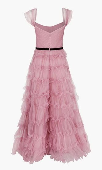 N59G3085-OFF SHOULDER TULLE GOWN WITH FISH WIRE TIERS