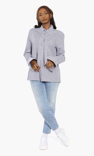 Stripes Flared Cuff Pussycat Bow Blouse