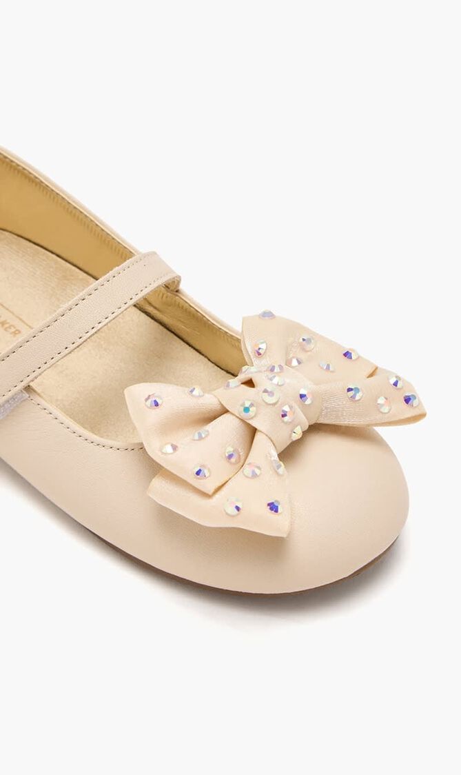 SWAROVSKI CRYSTALS EMBELLISHED BOW SINGLE STRAP LEATHER BALLERINAS