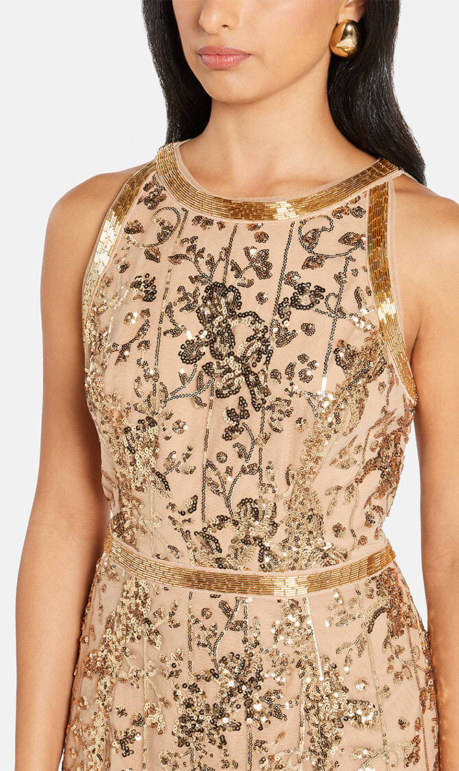 SLEEVELESS JEWEL NECKLINE SEQUIN LATTICE MERMAID GOWN