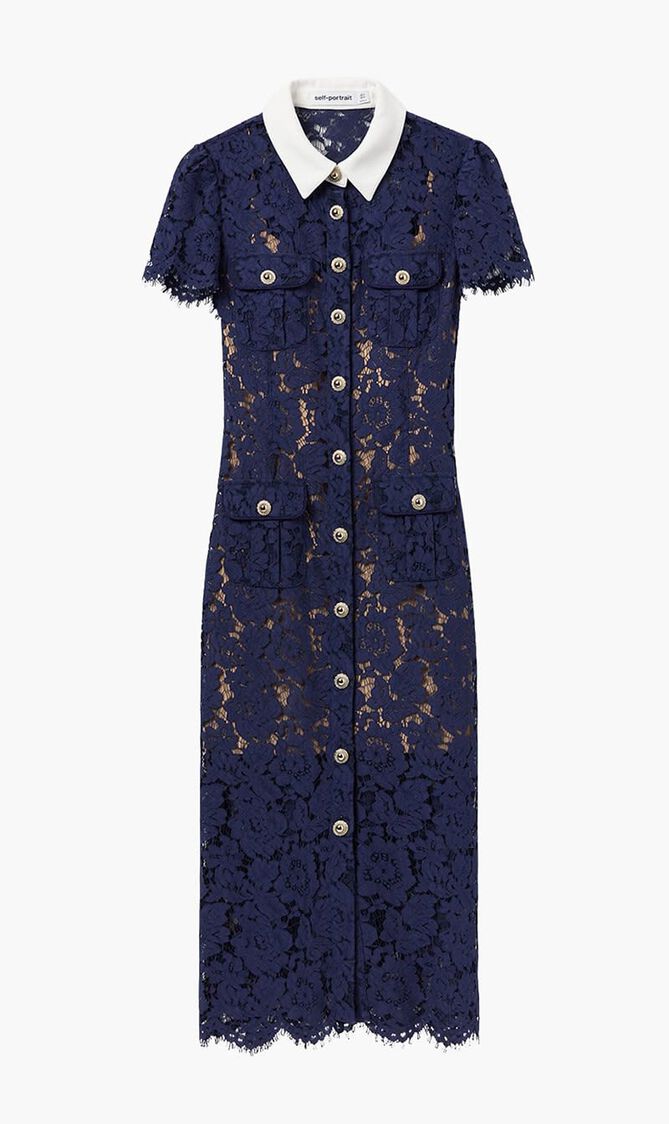 NAVY LACE CONTRAST COLLAR MIDI DRESS