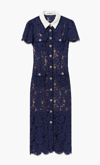 NAVY LACE CONTRAST COLLAR MIDI DRESS