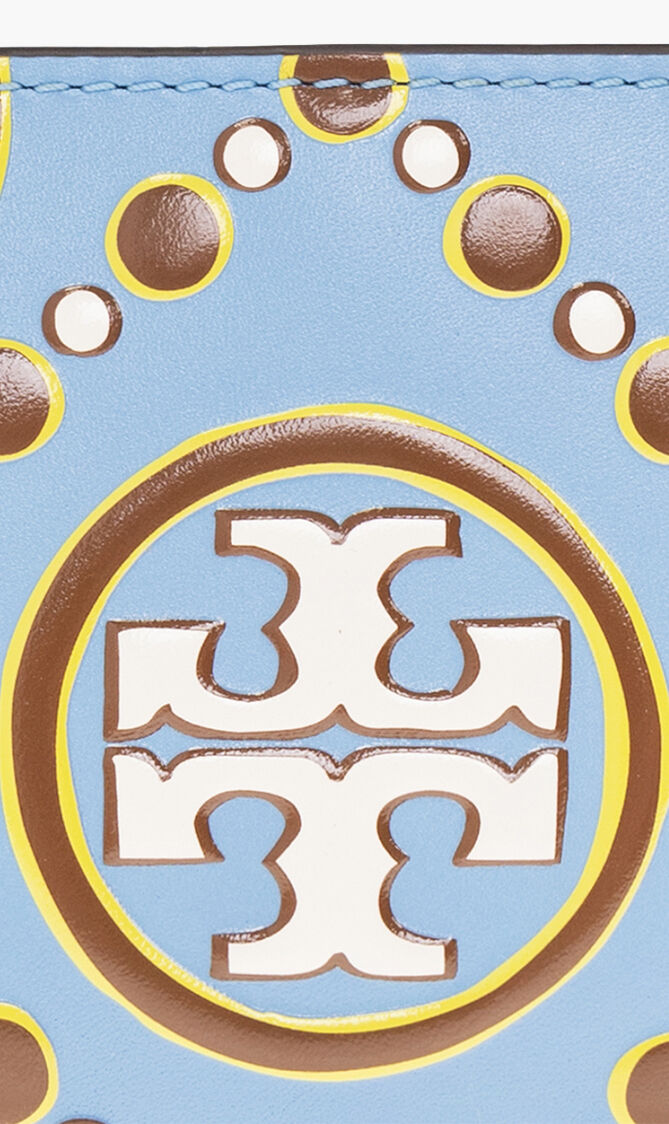 T Monogram Contrast Embossed Zip Slim Wallet