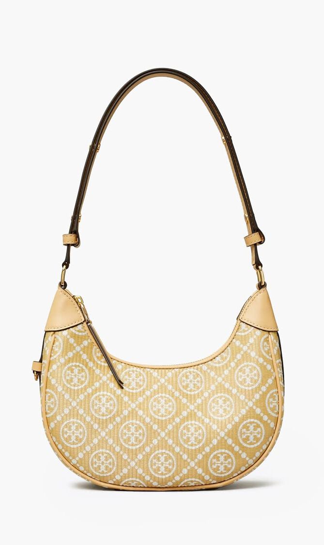 T Monogram Raffia Crescent Bag