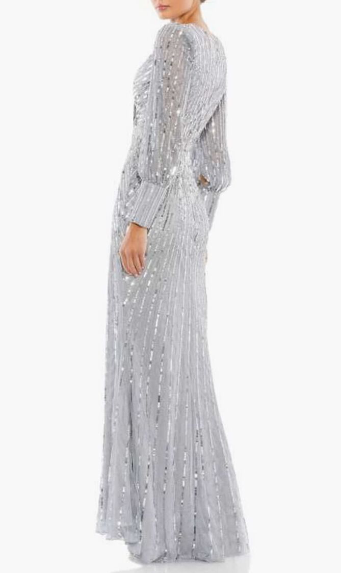 SEQUINED WRAP OVER BISHOP SLEEVE GOWN