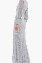 SEQUINED WRAP OVER BISHOP SLEEVE GOWN