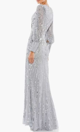 SEQUINED WRAP OVER BISHOP SLEEVE GOWN
