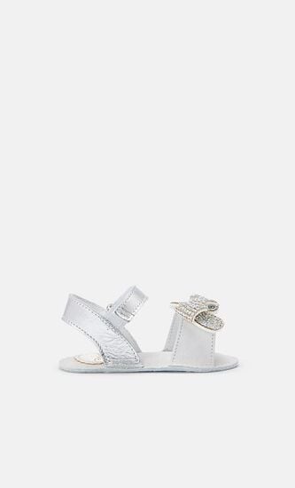 CRYSTAL BOW EMBELLISED DOUBLE STRAP LEATHER SANDALS