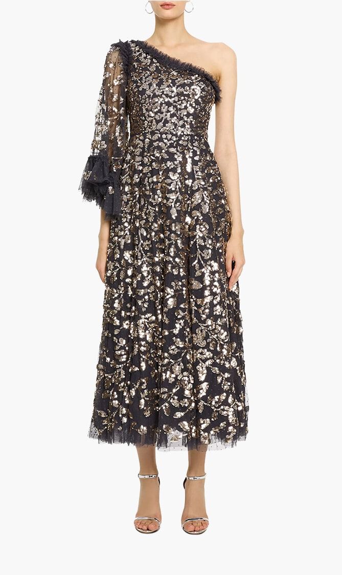 Falling Leaves One Shoulder Ankle Gown