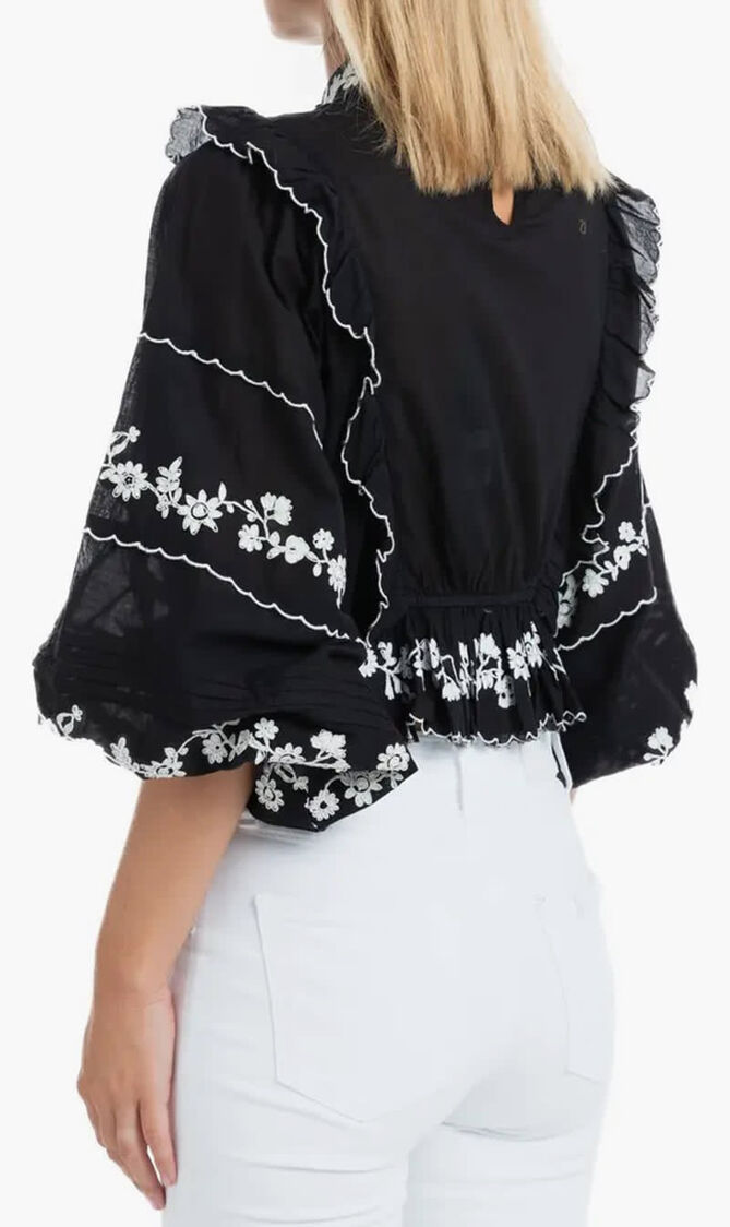 Embroidered Ruffle Longe Sleeve Blouse