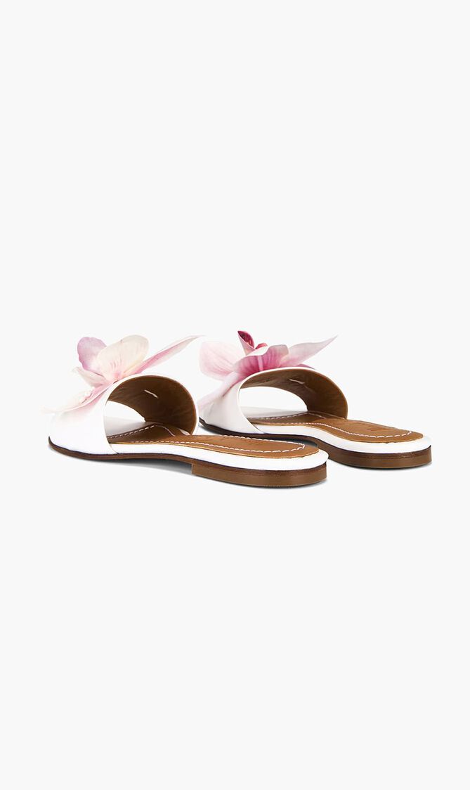 FLOWER WHITE LEATHER SLIDES