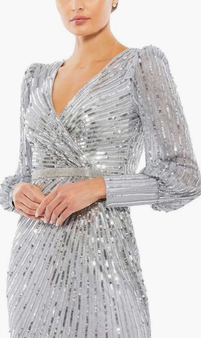 SEQUINED WRAP OVER BISHOP SLEEVE GOWN