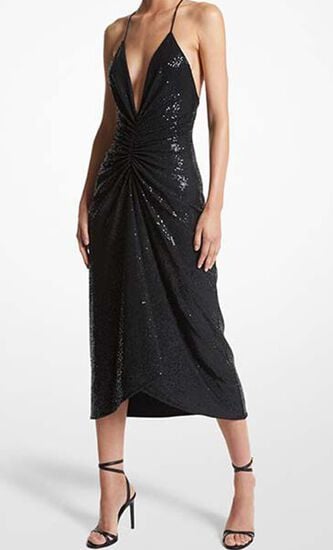Hand-Embroidered Sequin Stretch Jersey Cascade Dress