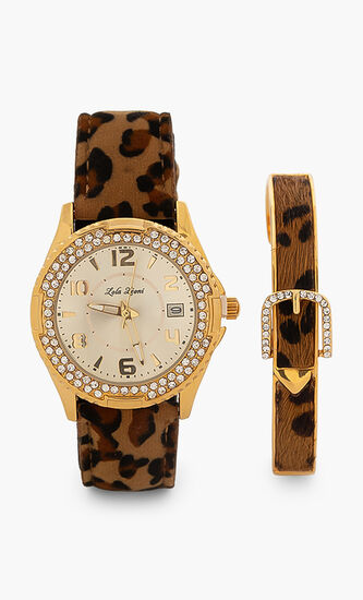 Leopard Print Analog Watch and Bangle Set