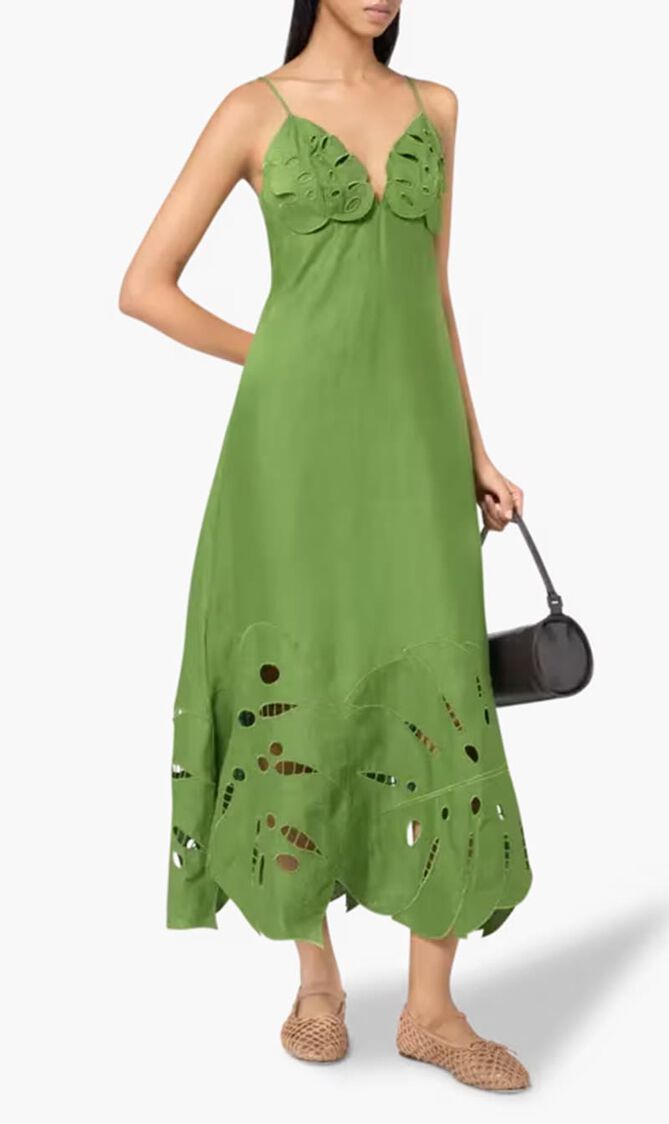 GREEN MONSTERA EMBROIDERY MIDI DRESS