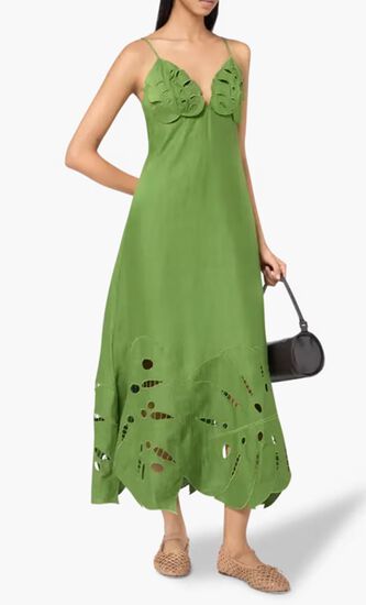 GREEN MONSTERA EMBROIDERY MIDI DRESS