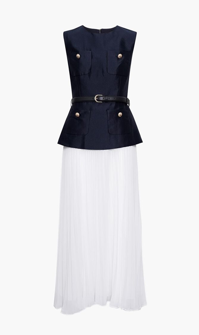 NAVY TAFFETA MIDI DRESS