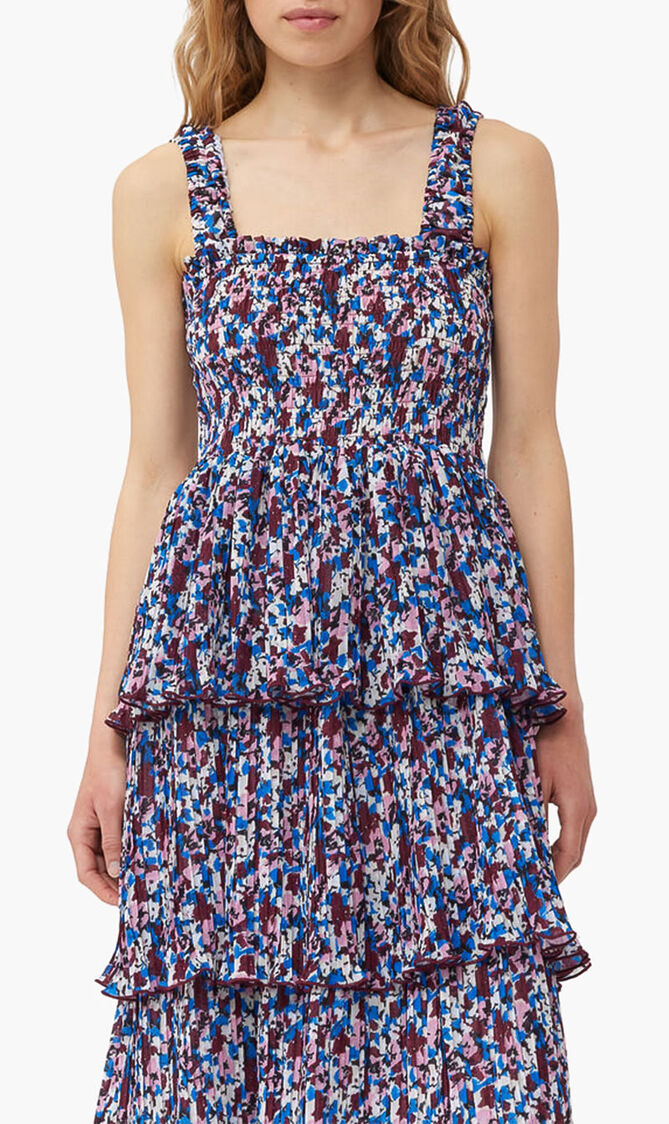 PLEATED GEORGETTE FLOUNCE SMOCK MIDI DRESS