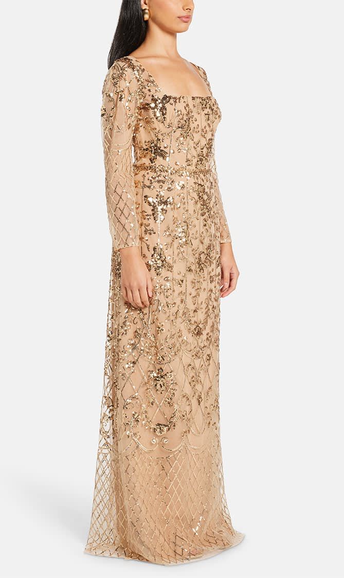 SEQUIN LATTICE LONG SLEEVE COLUMN GOWN