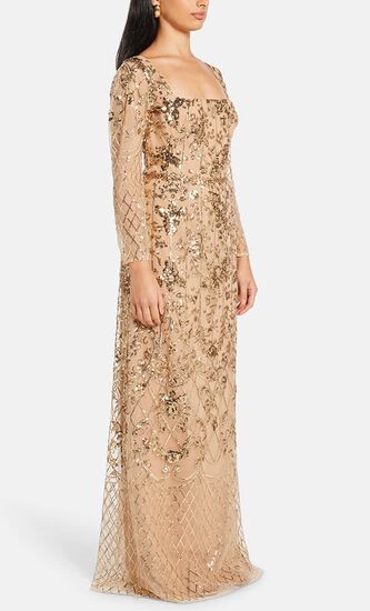 SEQUIN LATTICE LONG SLEEVE COLUMN GOWN