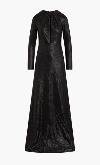 LEESA – METALLLIC JERSEY KEYHOLE NECKLINE GOWN WITH KNOT DETAIL