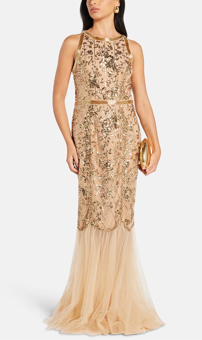 SLEEVELESS JEWEL NECKLINE SEQUIN LATTICE MERMAID GOWN