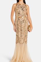SLEEVELESS JEWEL NECKLINE SEQUIN LATTICE MERMAID GOWN