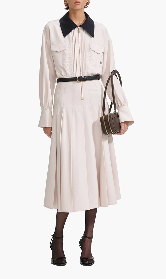 CREAM TWILL CONTRAST COLLAR MIDI DRESS