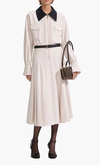 CREAM TWILL CONTRAST COLLAR MIDI DRESS