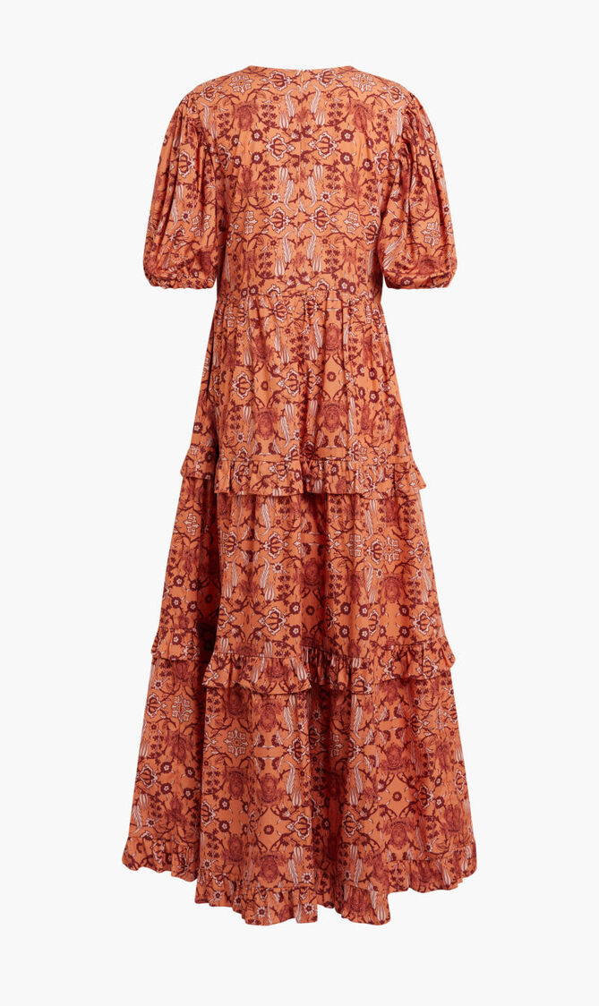 LONG ORANGE DRESS WITH BROWN, WHITE, DARK ORANGE MOTIF AND SHORT PUFFED SLEEVES