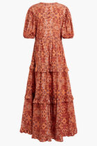 LONG ORANGE DRESS WITH BROWN, WHITE, DARK ORANGE MOTIF AND SHORT PUFFED SLEEVES