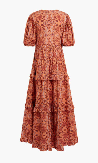 LONG ORANGE DRESS WITH BROWN, WHITE, DARK ORANGE MOTIF AND SHORT PUFFED SLEEVES