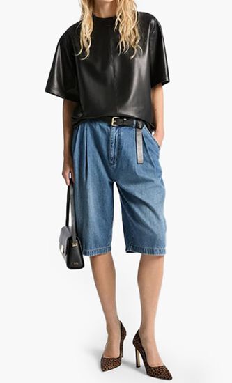 Pleated Bermuda Denim Shorts