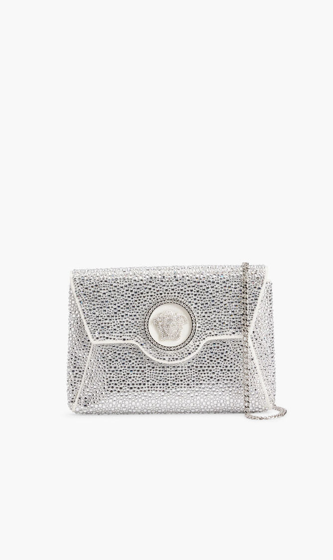 BAG MEDUSA MINI ENVELOPE CLUTCH WITH CHAIN SATIN STRASS SILVER