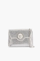 BAG MEDUSA MINI ENVELOPE CLUTCH WITH CHAIN SATIN STRASS SILVER