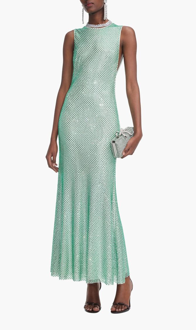 MINT RHINESTONE MESH MIDI DRESS