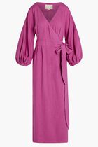LAVANDA DRESS-BELTED V-NECK DRESS WITH PUFF SLEEVES