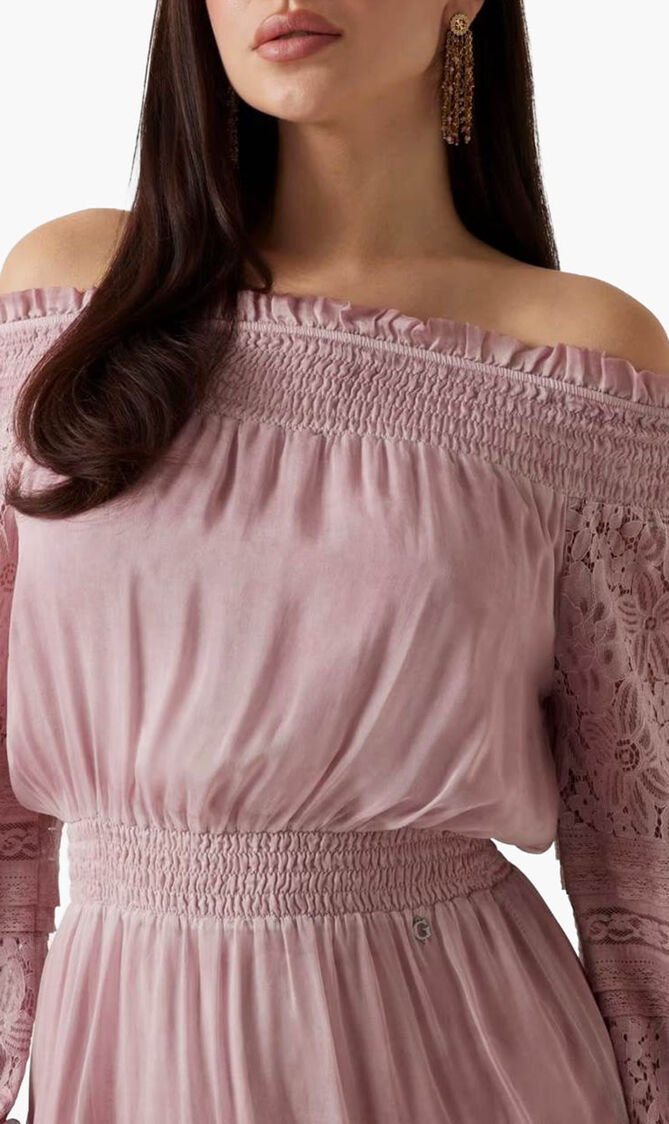 Silk Blend Off Shoulder Mini Dress