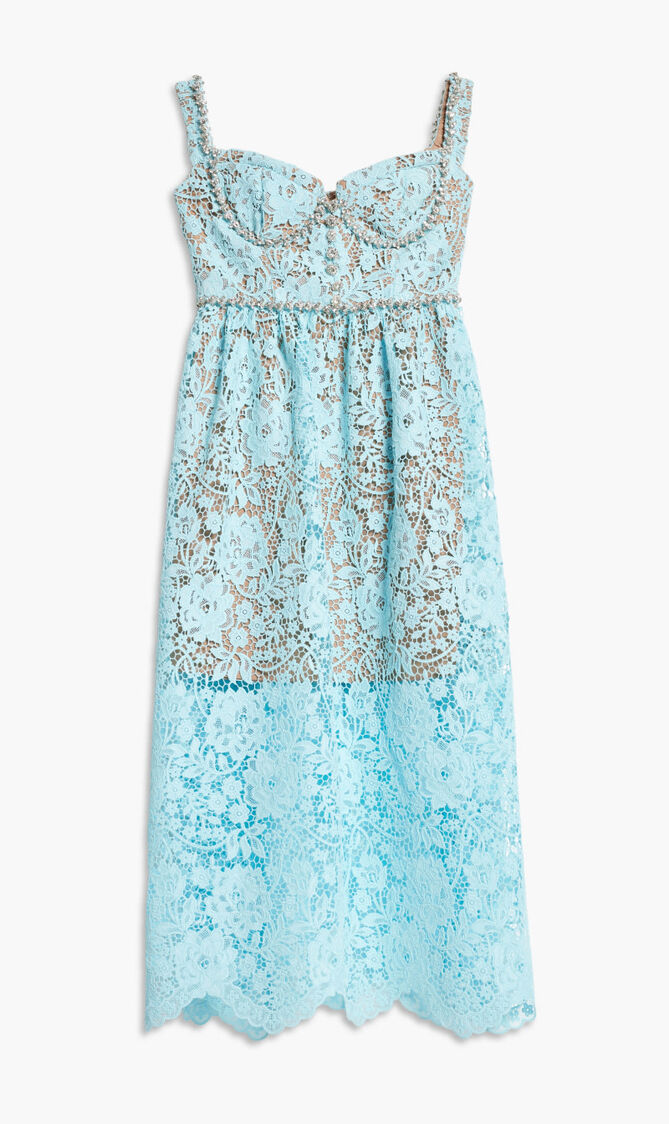 BLUE CORD LACE DIAMANTE MIDI DRESS