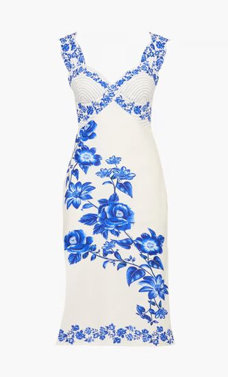 BLUE FLORAL CASCADE OFF WHITE WAVY SLEEVELESS MIDI