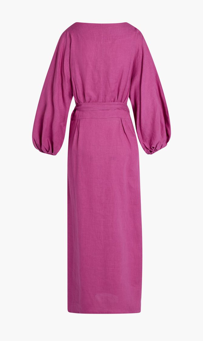 LAVANDA DRESS-BELTED V-NECK DRESS WITH PUFF SLEEVES