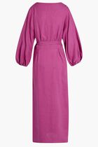 LAVANDA DRESS-BELTED V-NECK DRESS WITH PUFF SLEEVES