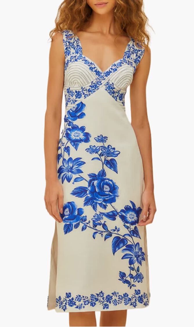 BLUE FLORAL CASCADE OFF WHITE WAVY SLEEVELESS MIDI