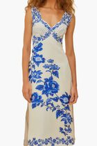 BLUE FLORAL CASCADE OFF WHITE WAVY SLEEVELESS MIDI