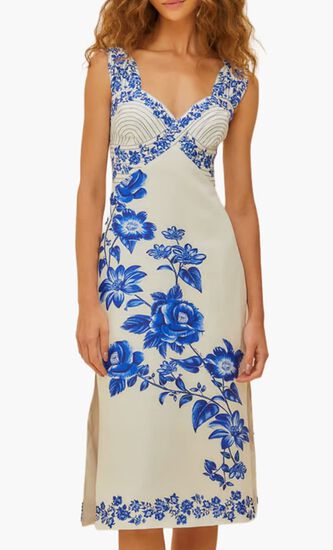 BLUE FLORAL CASCADE OFF WHITE WAVY SLEEVELESS MIDI